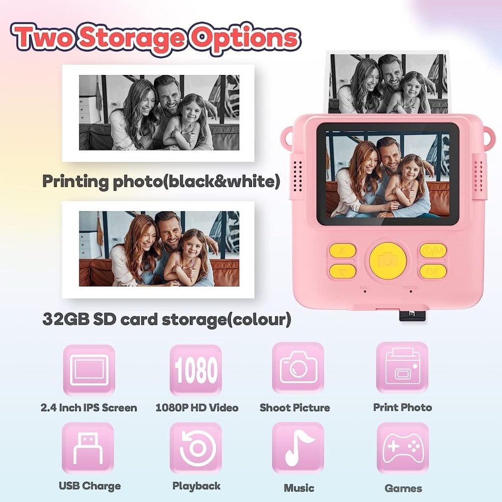 Kids Camera for Girls Boys, Kids Instant Print Camera Toy for 3-14 Year Old, 1080P HD Kids Digital Camera with Photo Paper Birthday Gifts for 3 4 5 6 7 8 9+ Year Old Girl 6 Colour Pens 32GB SD Card