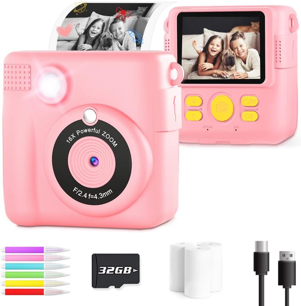 Kids Camera for Girls Boys, Kids Instant Print Camera Toy for 3-14 Year Old, 1080P HD Kids Digital Camera with Photo Paper Birthday Gifts for 3 4 5 6 7 8 9+ Year Old Girl 6 Colour Pens 32GB SD Card