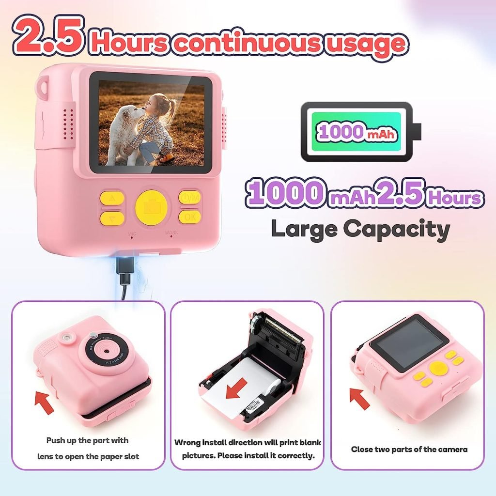 Kids Camera for Girls Boys, Kids Instant Print Camera Toy for 3-14 Year Old, 1080P HD Kids Digital Camera with Photo Paper Birthday Gifts for 3 4 5 6 7 8 9+ Year Old Girl 6 Colour Pens 32GB SD Card