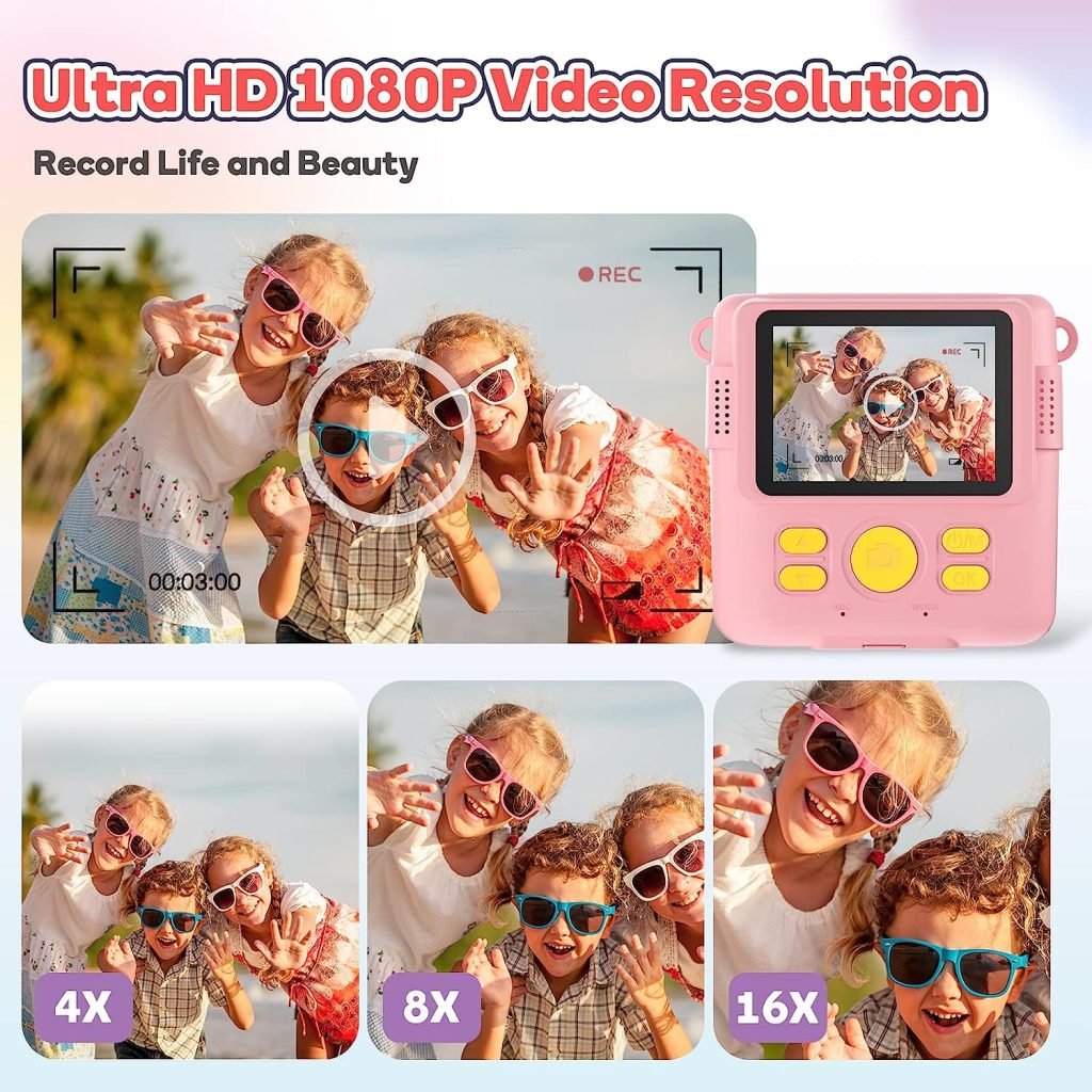 Kids Camera for Girls Boys, Kids Instant Print Camera Toy for 3-14 Year Old, 1080P HD Kids Digital Camera with Photo Paper Birthday Gifts for 3 4 5 6 7 8 9+ Year Old Girl 6 Colour Pens 32GB SD Card