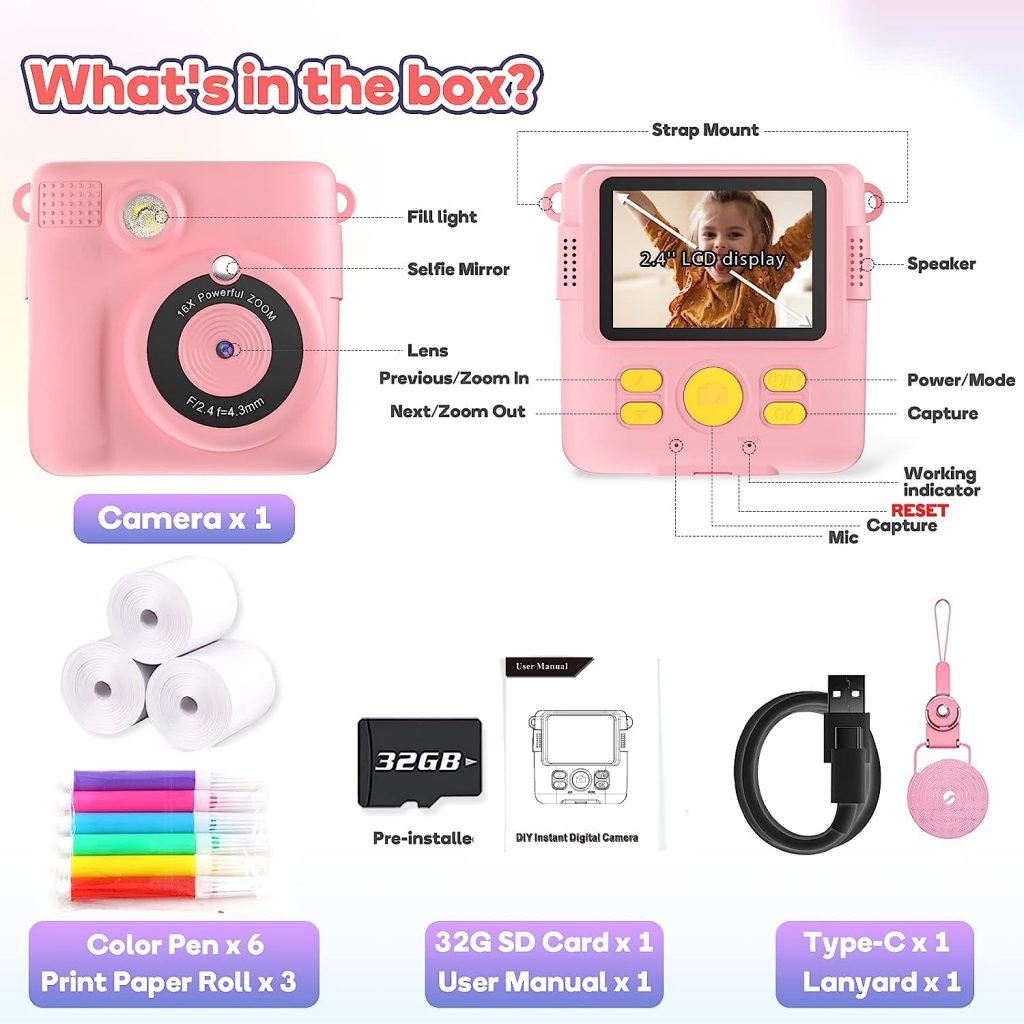 Kids Camera for Girls Boys, Kids Instant Print Camera Toy for 3-14 Year Old, 1080P HD Kids Digital Camera with Photo Paper Birthday Gifts for 3 4 5 6 7 8 9+ Year Old Girl 6 Colour Pens 32GB SD Card