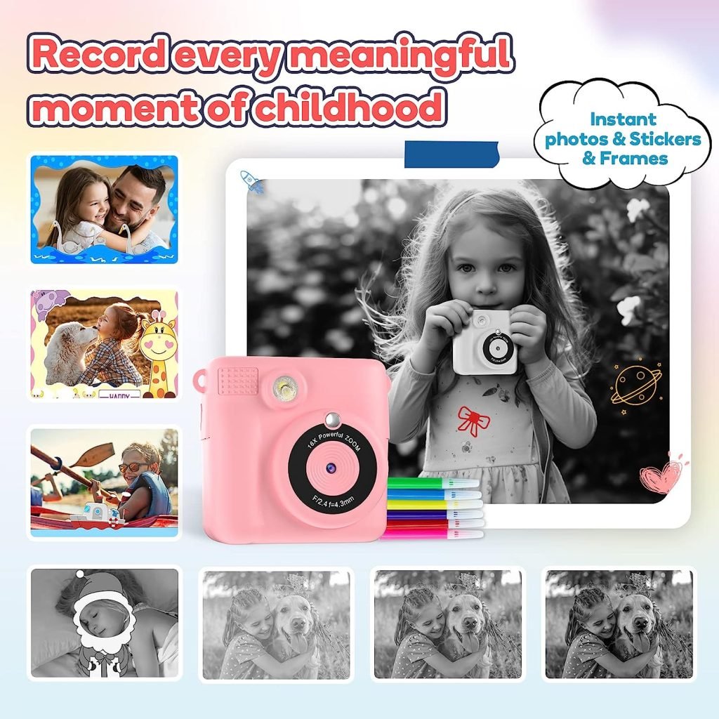 Kids Camera for Girls Boys, Kids Instant Print Camera Toy for 3-14 Year Old, 1080P HD Kids Digital Camera with Photo Paper Birthday Gifts for 3 4 5 6 7 8 9+ Year Old Girl 6 Colour Pens 32GB SD Card