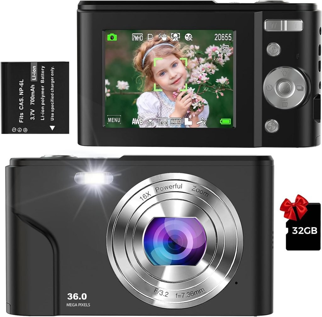 Digital Camera, 1080P Full HD Compact Camera 36MP Vlogging Camera with 16X Digital Zoom, 2.4 LCD Mini Camera for Student, Kids, Beginners（Black）