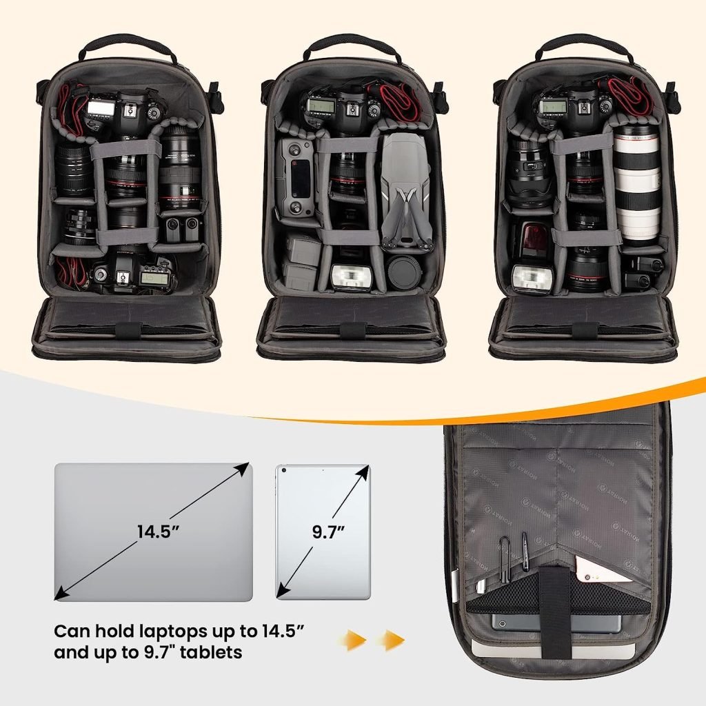 TARION Camera Backpack, Photography Backpack with Hard Shell, Camera Bag with 15 Laptop Compartment and Rain Cover, Backpack for Drones DSLR SLR Cameras Accessories(Black)