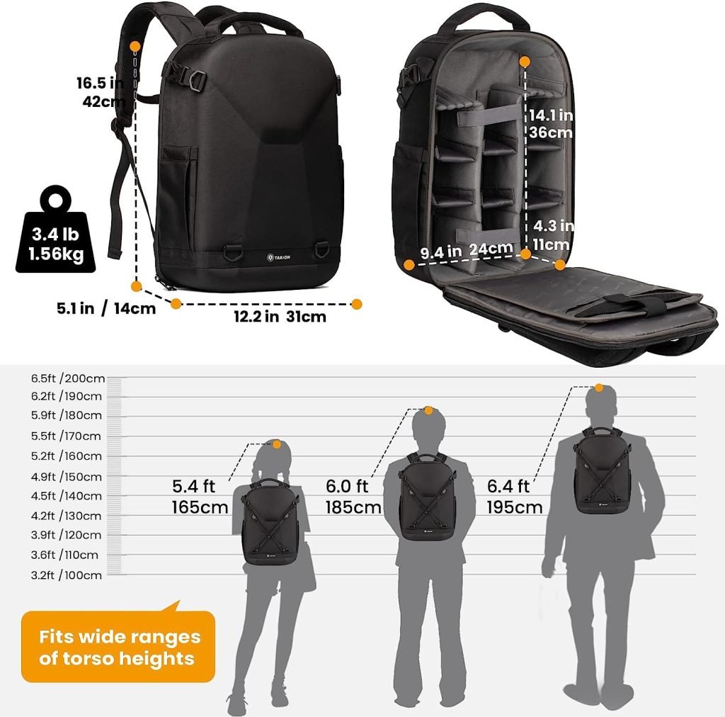 TARION Camera Backpack, Photography Backpack with Hard Shell, Camera Bag with 15 Laptop Compartment and Rain Cover, Backpack for Drones DSLR SLR Cameras Accessories(Black)