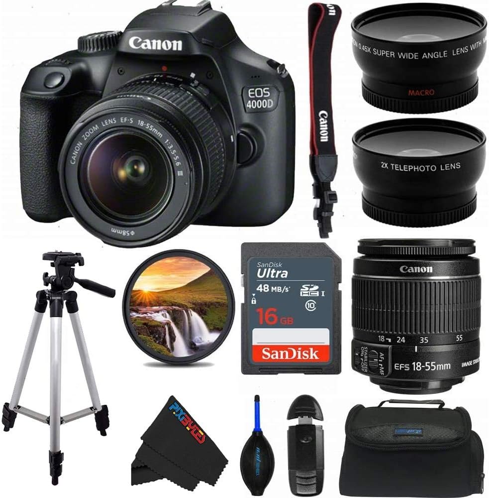 Canon EOS 4000D DSLR Camera with 18-55mm f/3.5-5.6 III Lens + 50-Inch Tripod + Pixi Advanced Bundle (International Version)