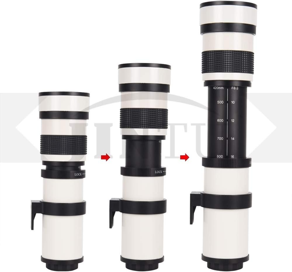 JINTU 420-800mm Telephoto Camera Zoom Lenses F/8.3-16 Manual MF for Canon NIKON DSLR Digital Cameras 60D 70D 80D 90D 4000D 1200D D90 D5600 D5000 D5100 D3200 D3500 D7200 Aluminum Alloy White