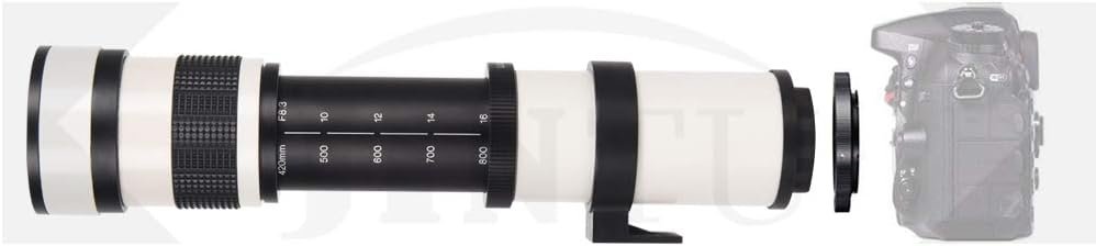 JINTU 420-800mm Telephoto Camera Zoom Lenses F/8.3-16 Manual MF for Canon NIKON DSLR Digital Cameras 60D 70D 80D 90D 4000D 1200D D90 D5600 D5000 D5100 D3200 D3500 D7200 Aluminum Alloy White