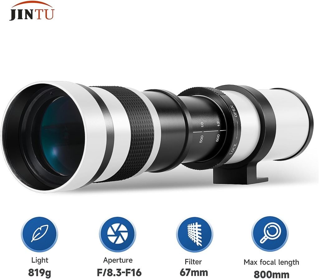 JINTU 420-800mm Telephoto Camera Zoom Lenses F/8.3-16 Manual MF for Canon NIKON DSLR Digital Cameras 60D 70D 80D 90D 4000D 1200D D90 D5600 D5000 D5100 D3200 D3500 D7200 Aluminum Alloy White