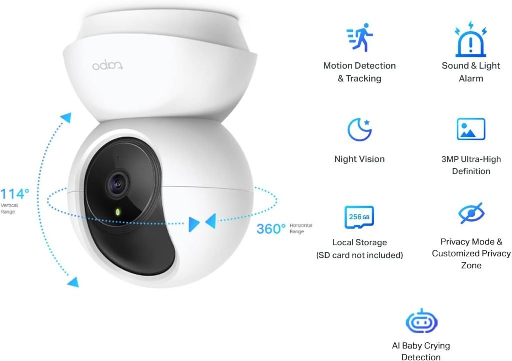 Tapo 2K 3MP Pan Tilt Security Camera, Baby/Pet Dog AI Monitor, Smart Motion Detection Tracking,2-Way Audio, Night Vision, Cloud SD Card Storage, Works with Alexa Google Home(Tapo C210)