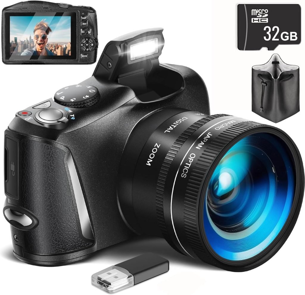 4K Digital Camera with Wide  Macro Lens, 32GB SD Card Included, Compact Bridge Camera Ideal for Photography  Vlogging – Beginner-friendly DSLR Camera