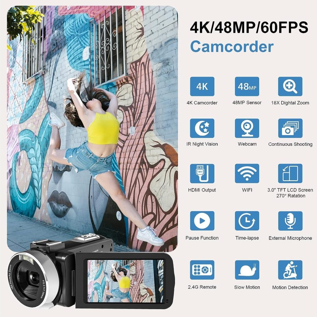 Camcorder 4K Video Camera 48MP 60FPS 18X Digital Zoom Camcorder WiFi IR Night Vision Vlogging Camera for YouTube 3.0 IPS Touch Screen Camera Recorder with SD Card,2 Batteries and Remote Control