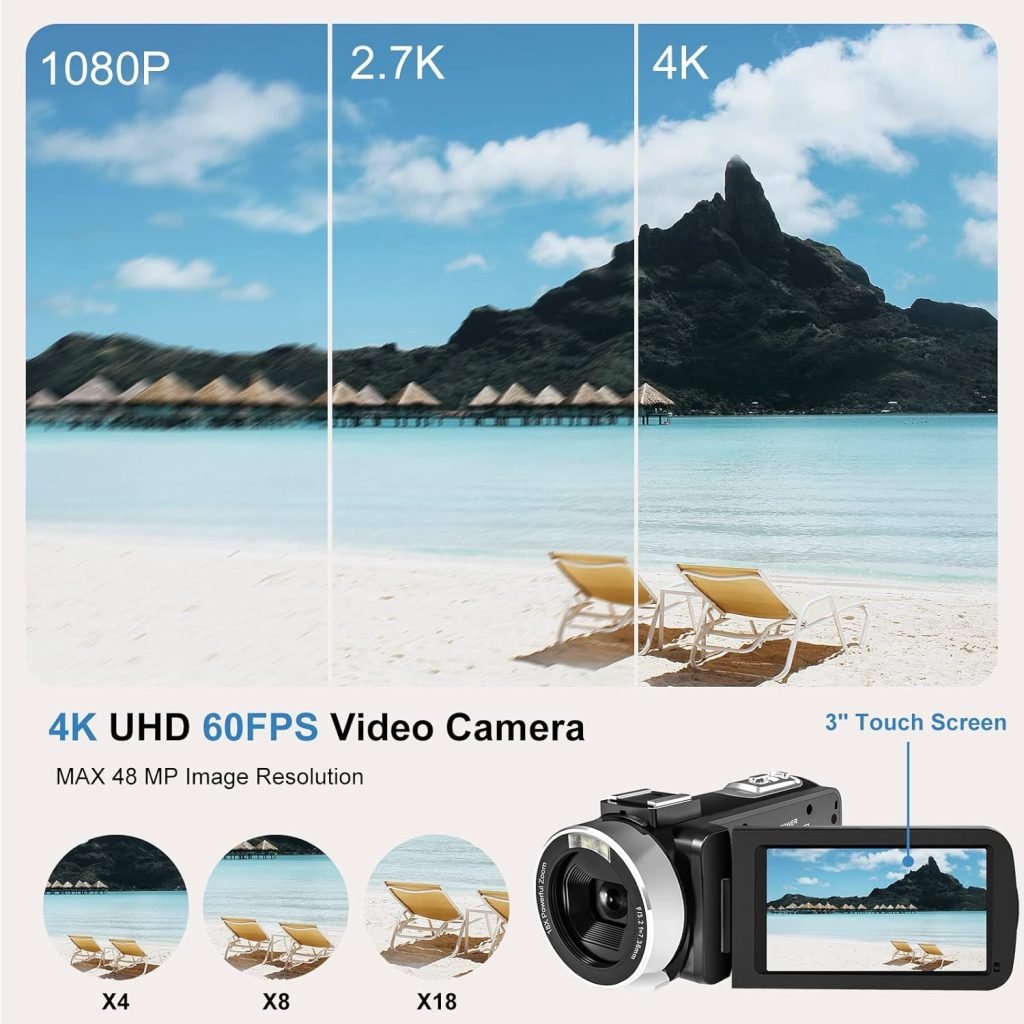 Camcorder 4K Video Camera 48MP 60FPS 18X Digital Zoom Camcorder WiFi IR Night Vision Vlogging Camera for YouTube 3.0 IPS Touch Screen Camera Recorder with SD Card,2 Batteries and Remote Control