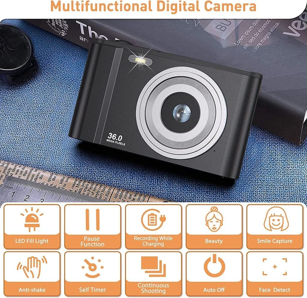 Digital Camera 1080P Full HD Compact Camera 36MP Vlogging Camera with 16X Digital Zoom, FamBrow Photo Camera 2.4 Inch LCD Mini Video Camera for Students/Children/Adults/Beginners（Black）