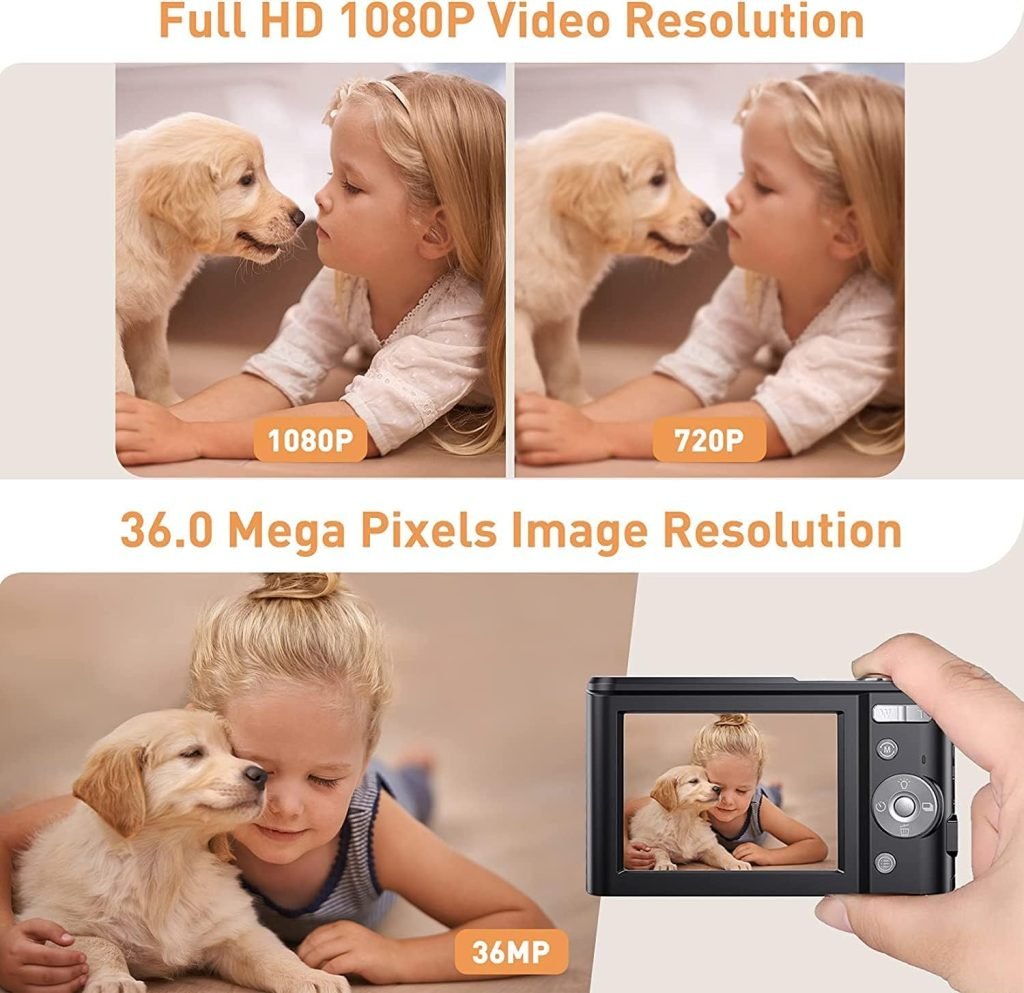 Digital Camera 1080P Full HD Compact Camera 36MP Vlogging Camera with 16X Digital Zoom, FamBrow Photo Camera 2.4 Inch LCD Mini Video Camera for Students/Children/Adults/Beginners（Black）