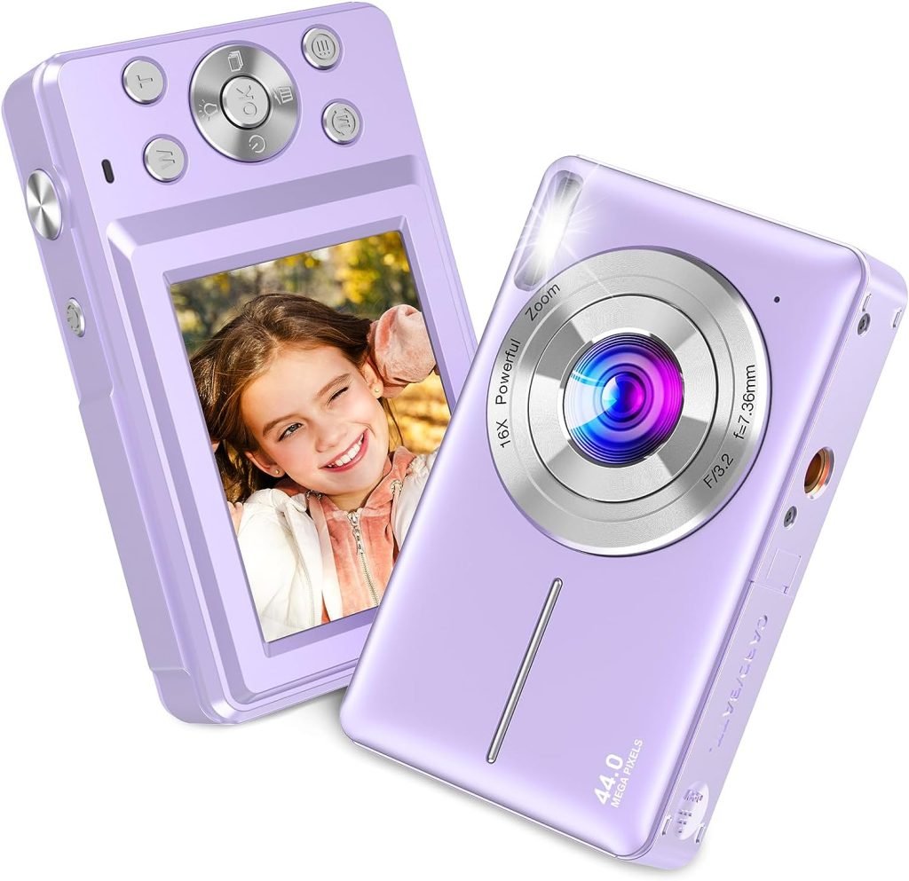 Digital Camera, Nsoela Vlogging Camera Rechargeable Digital Cameras FHD 1080P 44MP Compact Camera with 16X Digital Zoom, Portable Mini Camera with 1 Battery for Teens,Kids,Beginners（purple）