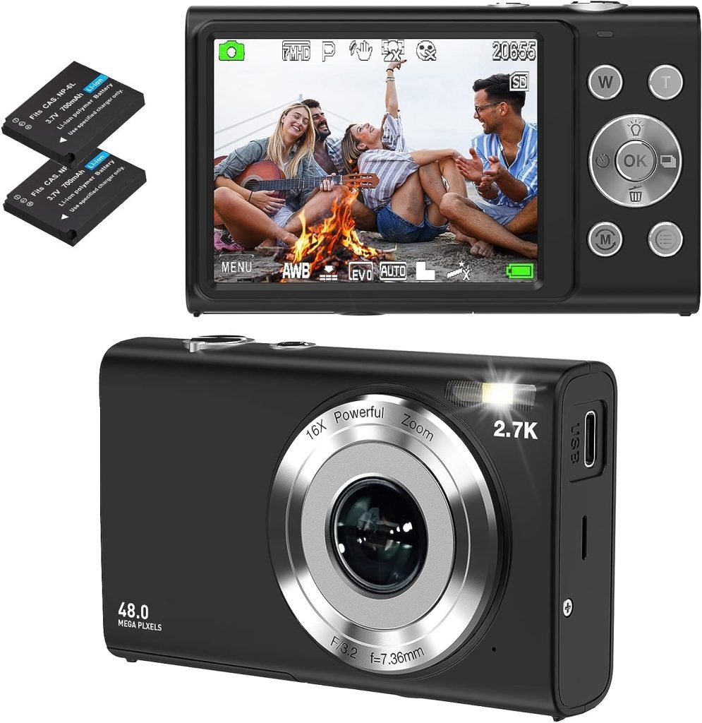 Digital Camera, Vlogging Camera Compact Camera HD 2.7K 48MP with 32G SD Card 16X Digital Zoom, Portable Mini Camera for Photography, Youtube Vlogging Camera for Kids,Adult,Beginners（Black）