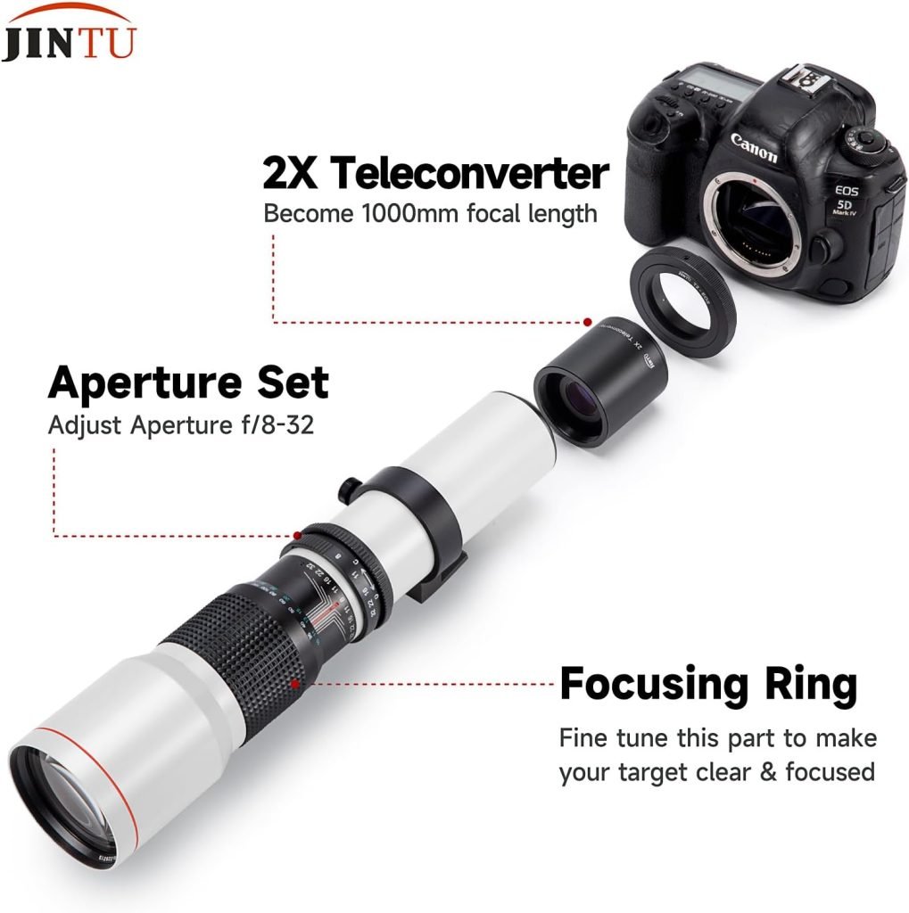 JINTU 500mm-1000mm F/8 Telephoto Lens Manual Camera Lenses for Nikon SLR Digital Cameras D5600 D5500 D5400 D5300 D5200 D5100 D3500 D3100 D3200 D3300 D3400 D7100 D7200 D7500 D750 D850 DF D90 D80 D200