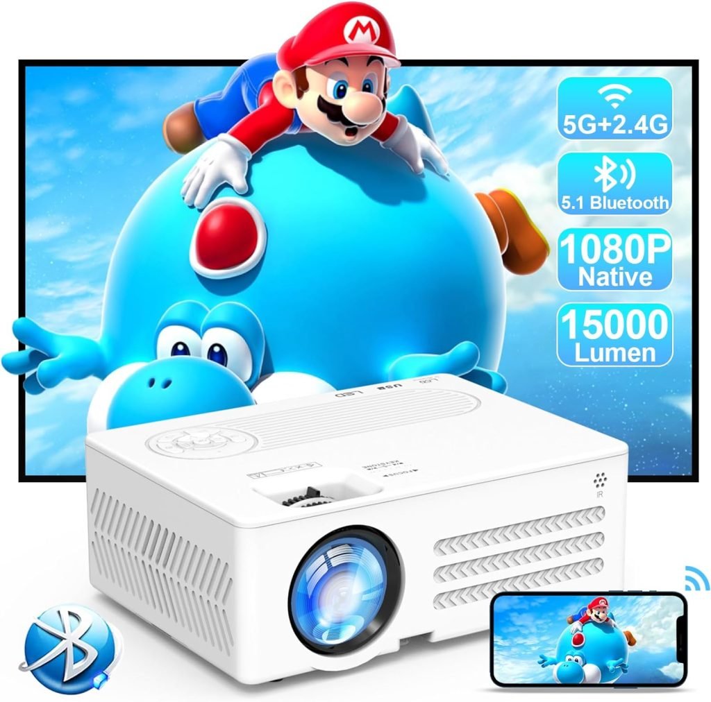 Native 1080P Projector, YOOYAA 15000 Lumen 5G Wireless WiFi Bluetooth Video Projector 4K Supported Mini Portable Home/Outdoor Movie Projector, Compatible with Smartphone/Laptop/TV Stick/Xbox/PS5