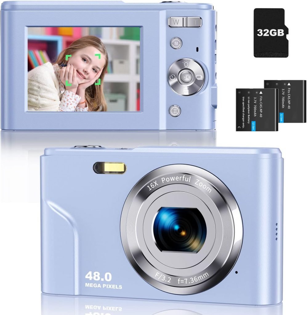 Sevenat Digital Camera Autofocus with 32G Memory Card FHD 1080P 48MP 16X Digital Zoom Easy to Use Portable Cameras for Photography for Kids Teenager Beginner Purple
