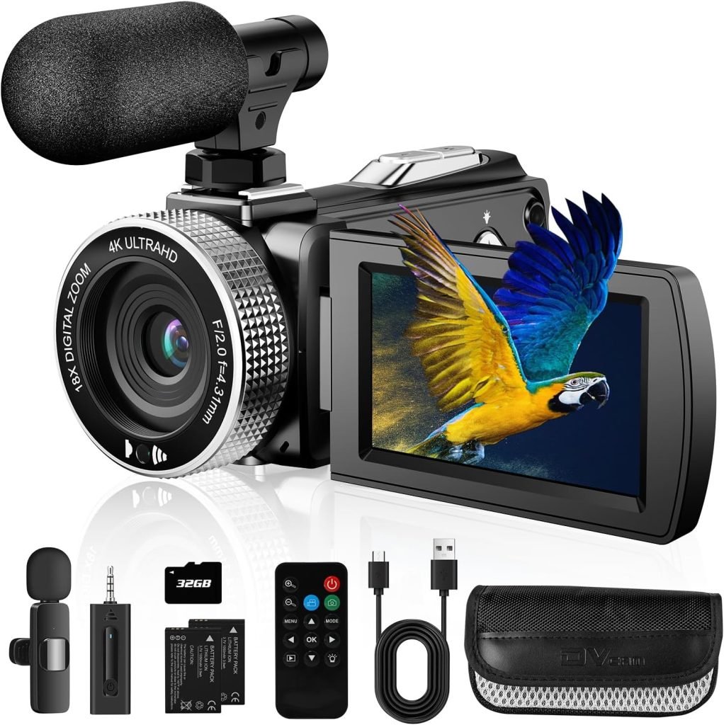 Vmotal 4K video camera, 48MP Photo/ 4K 60FPS Video Recorder, digital camcorder for vlogging Youtube，with 2 batteries/wireless MIC/SD card/Remote