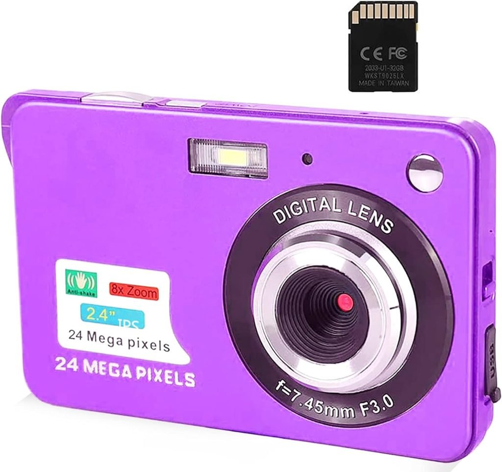 Digital Camera,2.4 Inch FHD Pocket Cameras Rechargeable 24MP Camera for Backpacking with 8X Digital Zoom Compact Cameras for Photography 32GB SD Card Included