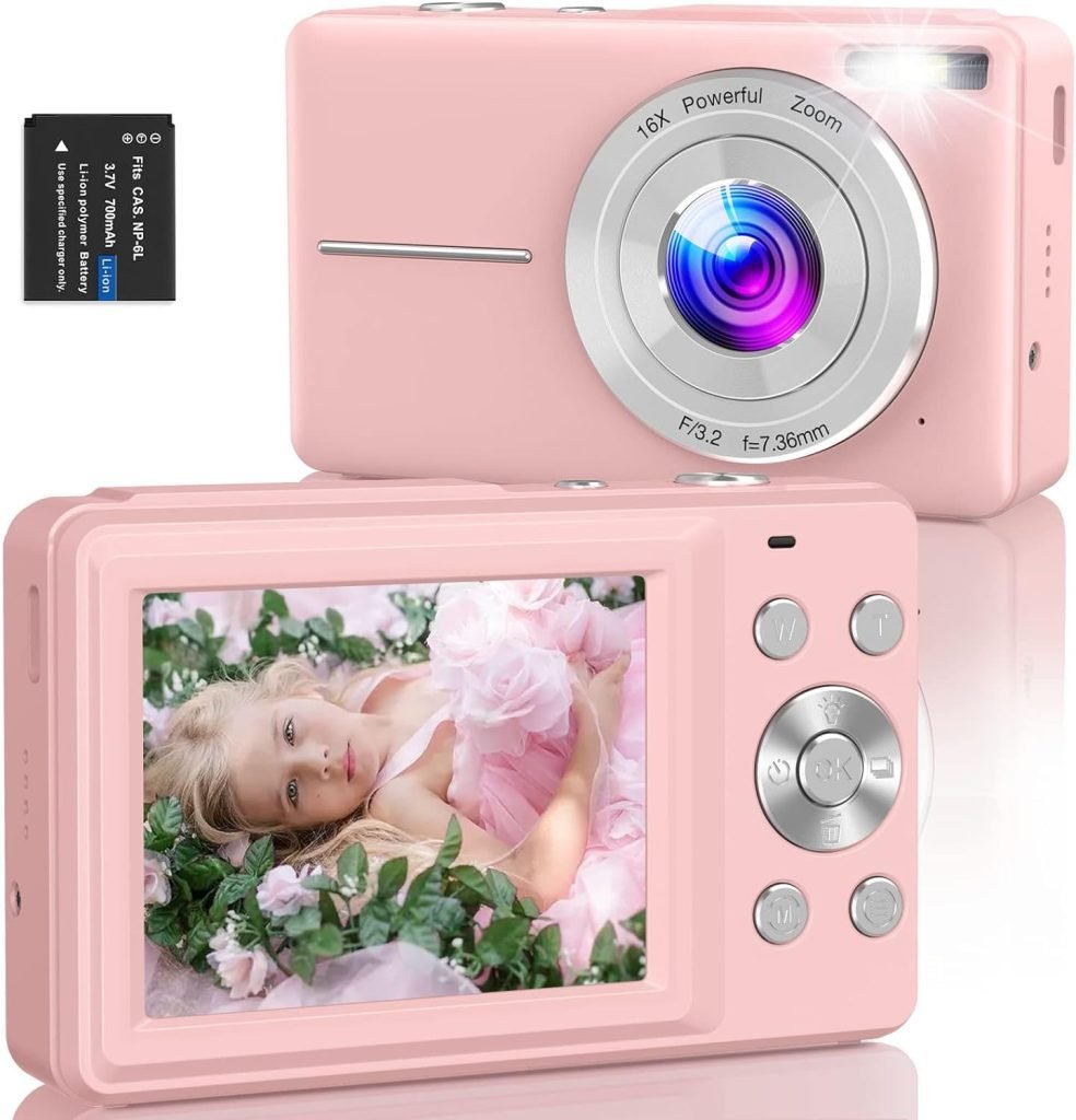 Digital Camera,Amdeurdi Vlogging Camera Rechargeable Digital Cameras with 16x Zoom Compact Camera FHD 1080P 44MP Compact Digital Camera for Beginner Photography with 1 Battery - Pink