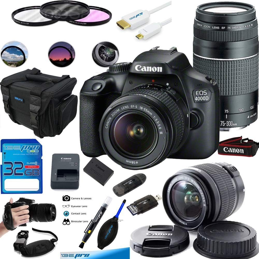 HDmirrorR Canon EOS 4000D Digital Camera with EF-S 18-55MM F/3.5-5.6 III Lens + Canon EF 75-300mm f/4-5.6 III Telephoto Zoom Lens - Advanced Accessories Bundle (International Version)