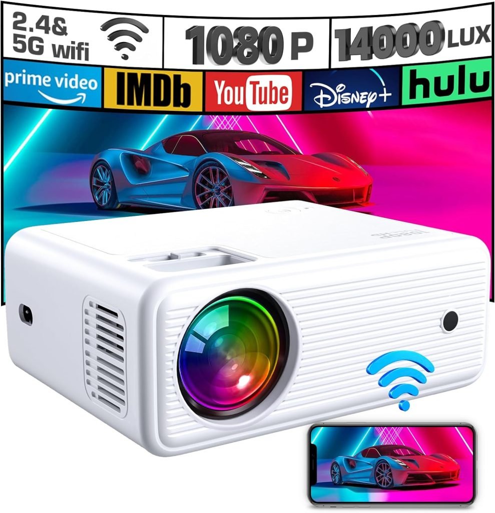 Mini Projector, ClokoWe WiFi Projector with Projector 1080P Full HD, 14000 Lux Portable Video 4K Projector Compatible with iphone TV Stick PS5 HDMI USB, Multimedia Home Movie Theater Projector           [Energy Class A+++]