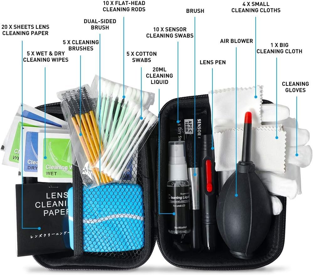 mytysun Camera Cleaning Kit for DSLR Camera Lens Sensor Care with Screen Cleaner,Professional Lense Pen,Camera Cleaning Brush,Lens Cloth,Air Blower,Sensor Cleaning Swabs,Storage Box