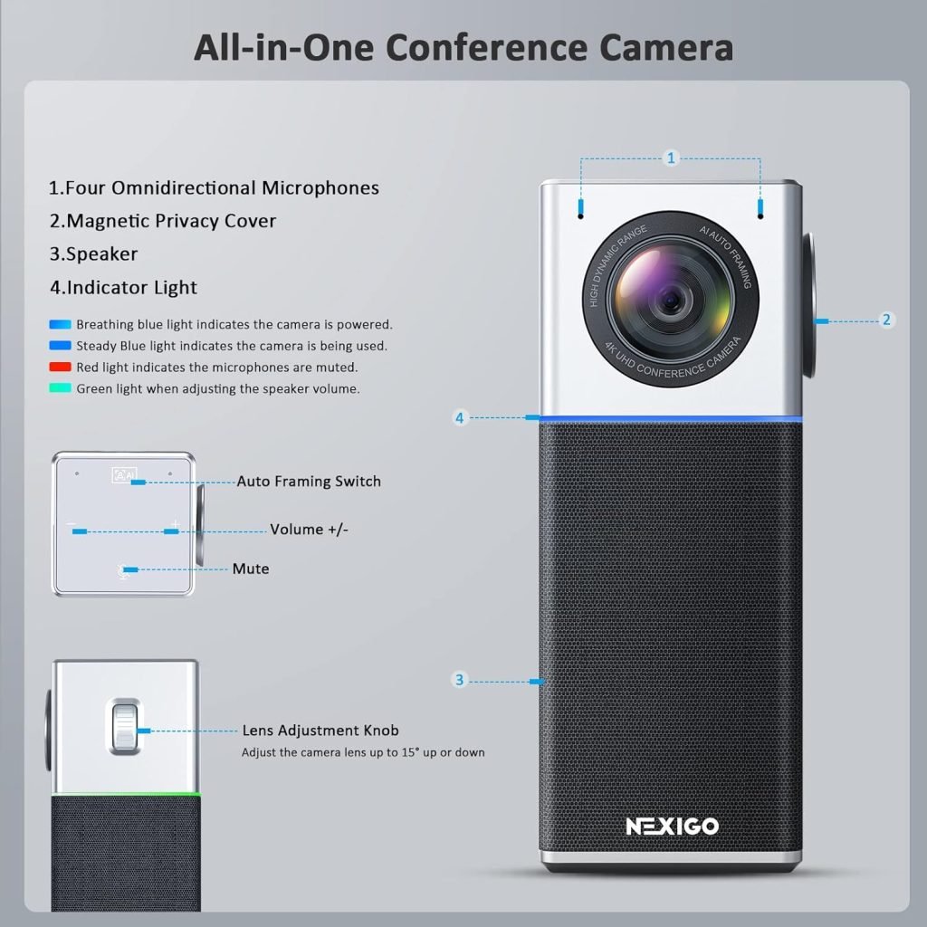 NexiGo Iris, 4K AI Webcam with 1/1.8 Sensor, Onboard Flash Memory, HDR, PiP, DSLR-Style Control, Auto Framing/Tracking with Flexible FOV, Noise-Canceling Mics, for Zoom/Teams/OBS and more
