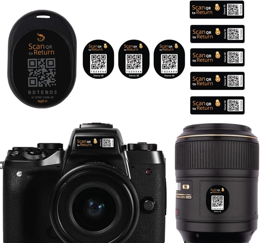 tag8 - Dolphin Camera Gear Security Tag - Smart QR Kit to Secure Digital Camera Accessories like DSLR Camera Lens, Tripod, Camera Bag, Adapter  Charger -Works with Nikon, Canon, Sony  Other Cameras