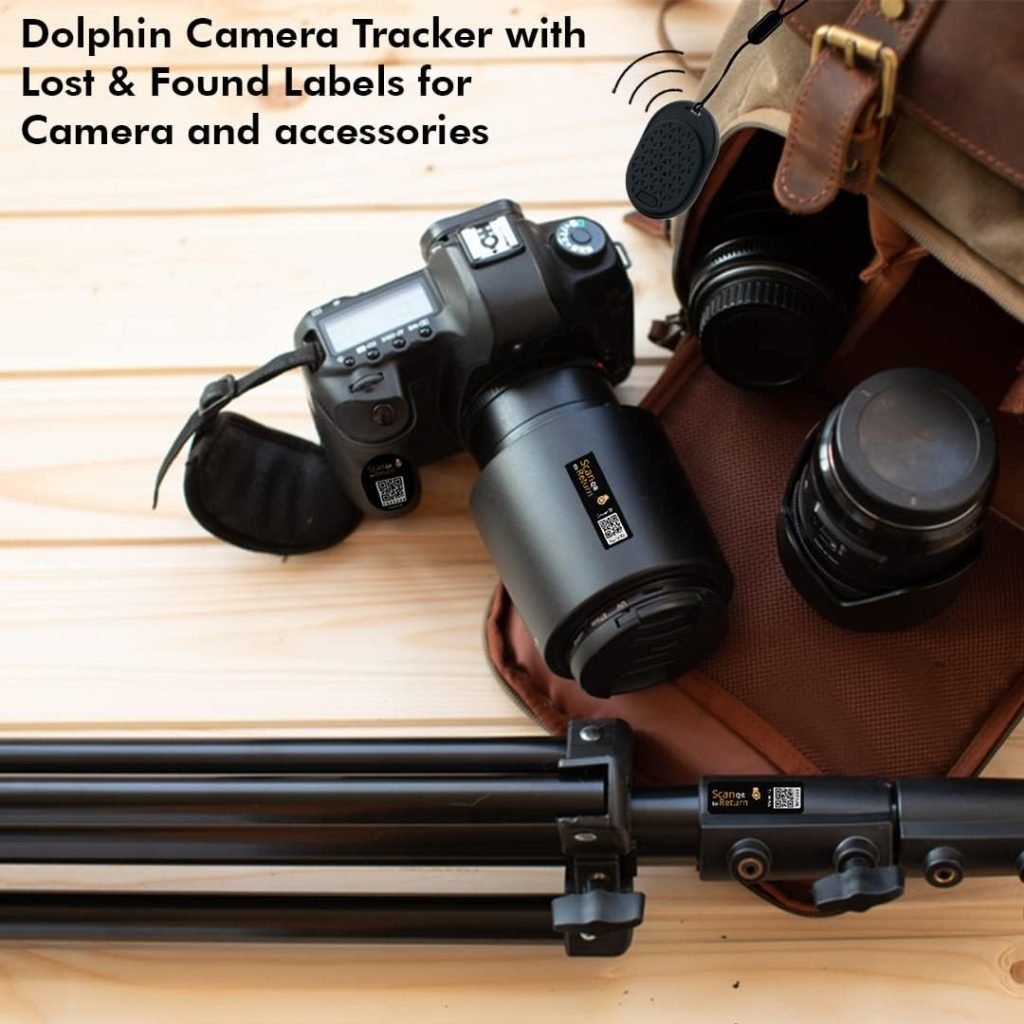 tag8 - Dolphin Camera Gear Security Tag - Smart QR Kit to Secure Digital Camera Accessories like DSLR Camera Lens, Tripod, Camera Bag, Adapter  Charger -Works with Nikon, Canon, Sony  Other Cameras