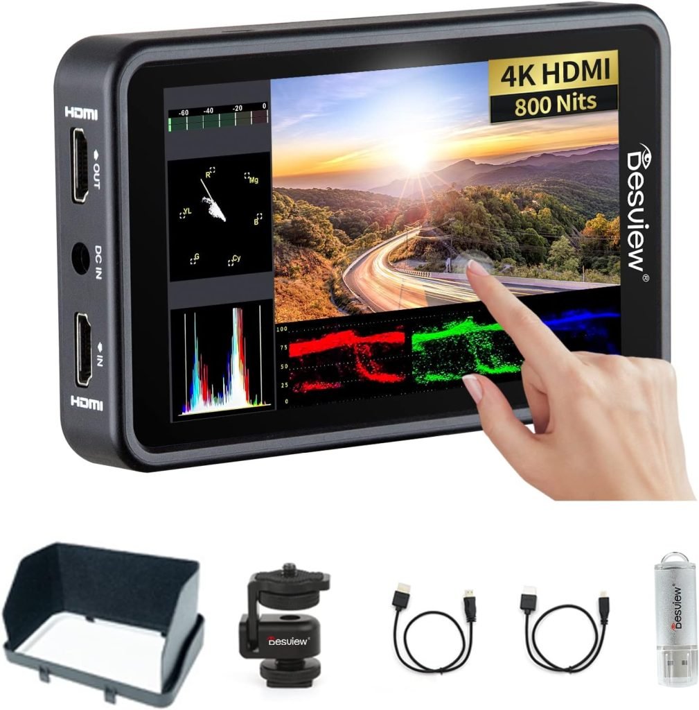 Desview R5II Camera Field Monitor 800nits 5.5 inch Full Touch Screen Camera Monitor with 3D LUT HDR Waveform Video Peaking Focus Assist 4K HDMI Input 8V DC Output for DSLR