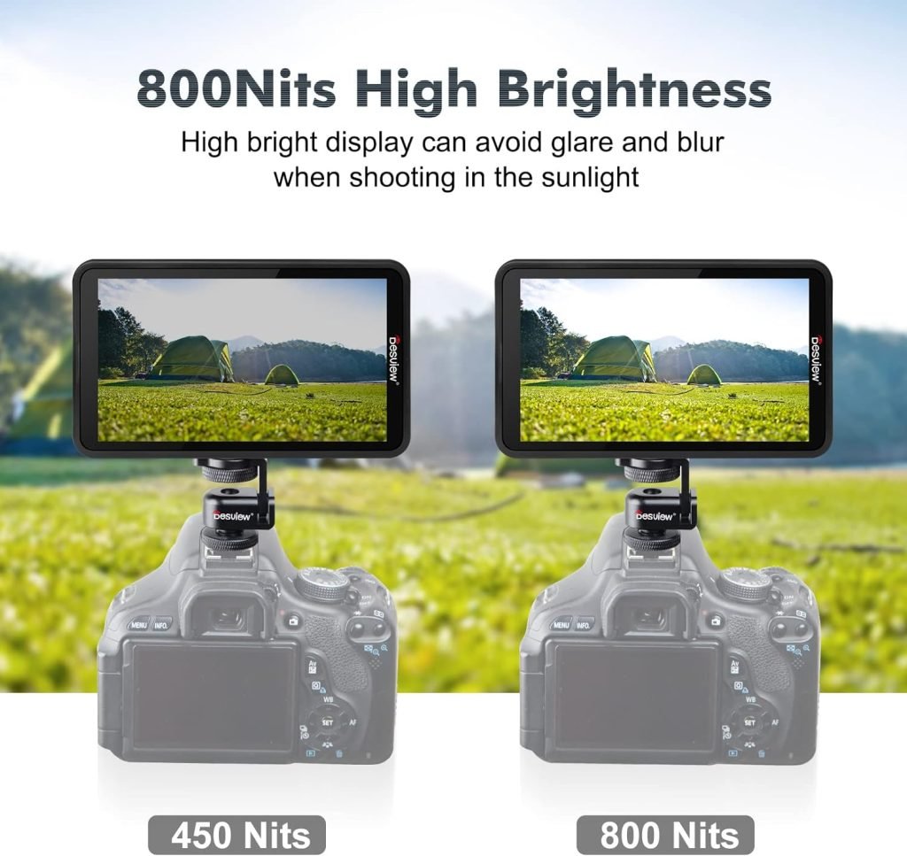 Desview R5II Camera Field Monitor 800nits 5.5 inch Full Touch Screen Camera Monitor with 3D LUT HDR Waveform Video Peaking Focus Assist 4K HDMI Input 8V DC Output for DSLR