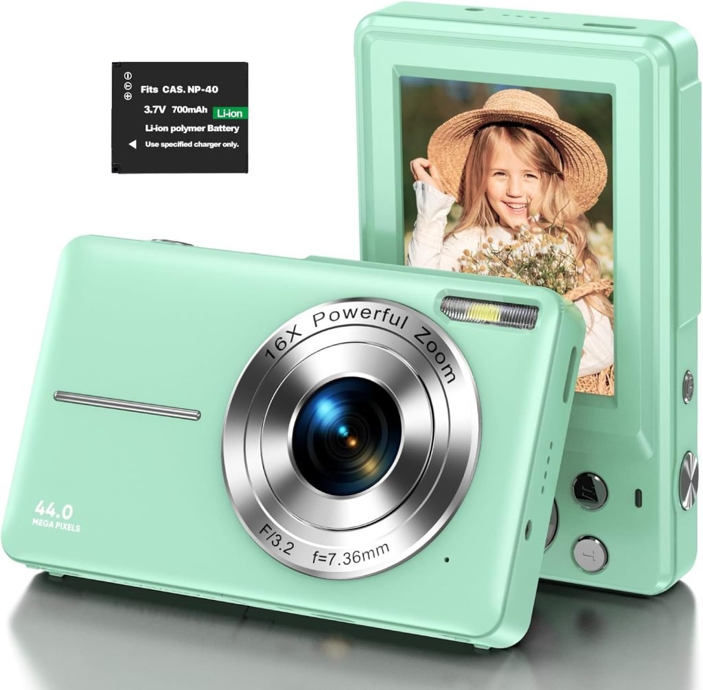 Digital Camera 1080P Digital Compact Camera 44MP HD Photo Camera kid Camera Digital Camera Cheap with 2.4 LCD Screen 16X Digital Zoom and 1 Battery for Teenager Girls, Boys, Beginner-Green