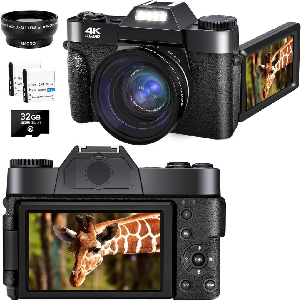 Digital Camera, Autofocus 4K 48MP Compact Camera with 32GB SD Card Wide-angle Lens, Compact Digital Camera with 16X Digital Zoom 3.0 Inch Display, Cameras for Photography Beginners (2 Battery)