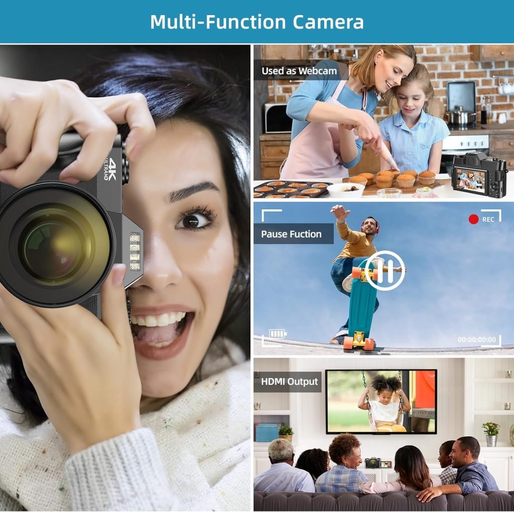 Digital Camera, Autofocus 4K 48MP Compact Camera with 32GB SD Card Wide-angle Lens, Compact Digital Camera with 16X Digital Zoom 3.0 Inch Display, Cameras for Photography Beginners (2 Battery)