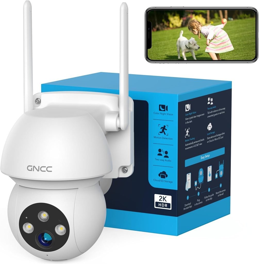 GNCC 2K Security Camera Outdoor, 360° Auto Tracking Home Security WiFi Camera with Color Night Vision, Pan-Tilt View, Motion Dection, Sound-Lights Alarm, App Notification, 2-Way Audio (K1Pro)           [Energy Class A++]