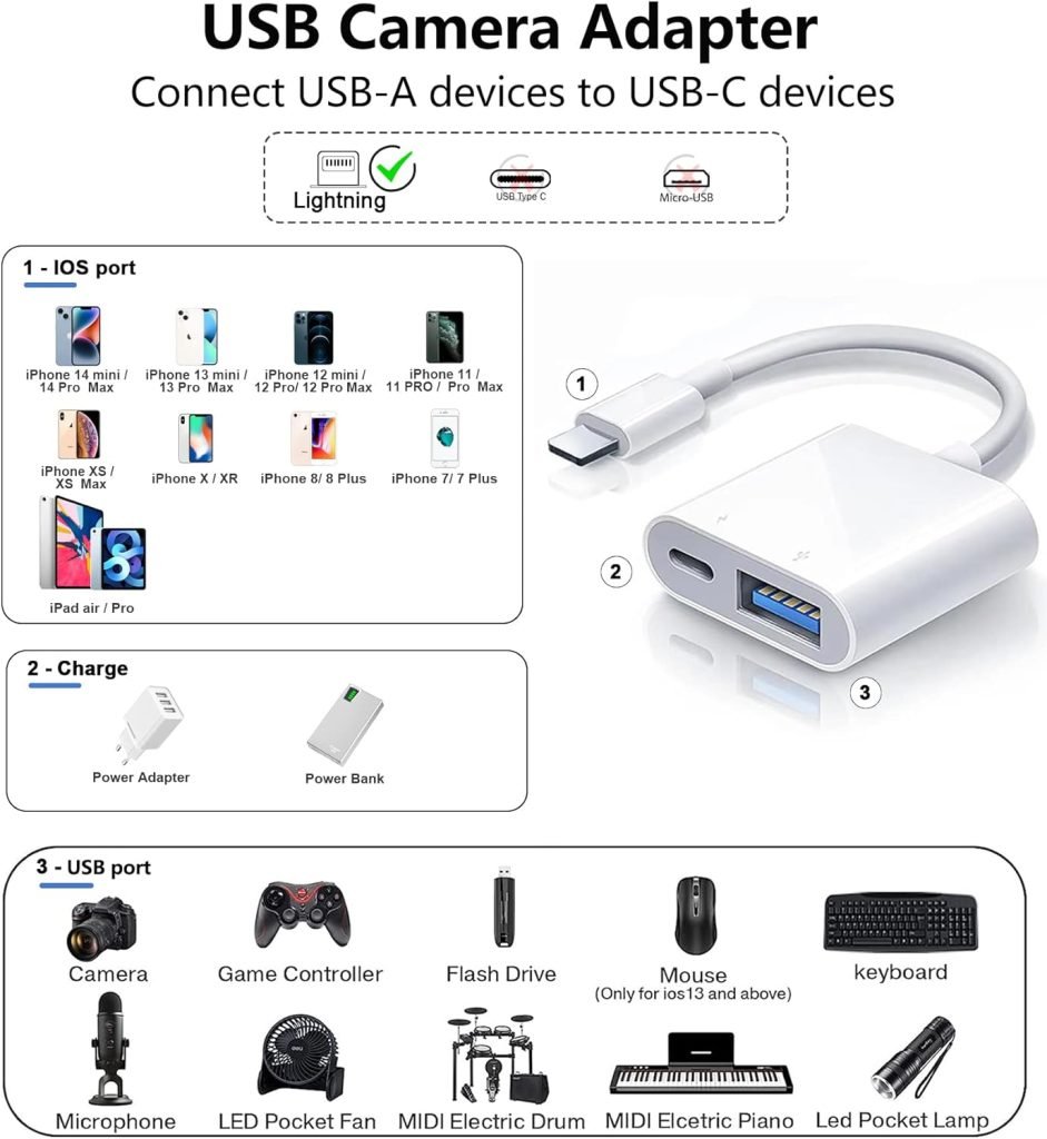 Lightning to USB Camera OTG Adapter for iPhone, USB 3.0 Cable Female Adapter with Fast Charging Port Compatible with iPad,Supports Connect Card Reader,Keyboard,Mouse,USB Flash Drive,Game Controlle