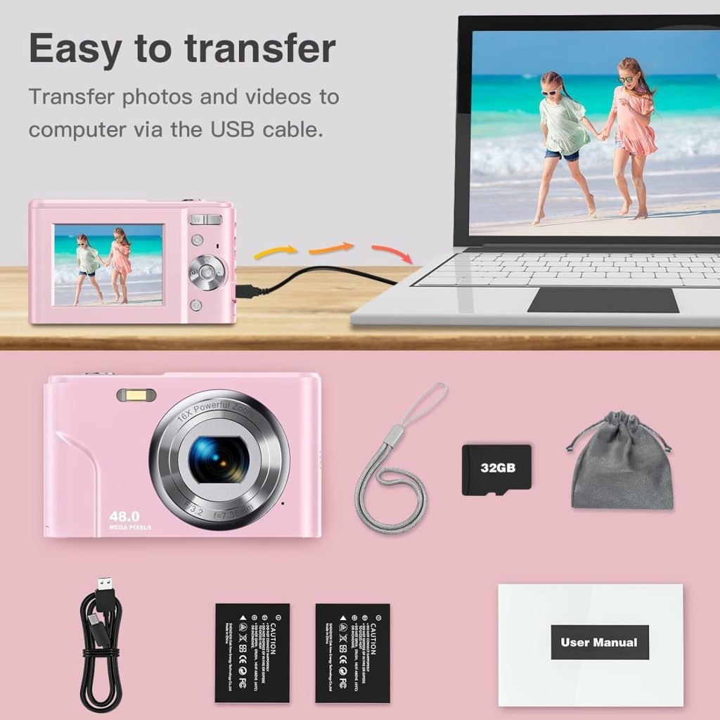 Sevenat Digital Camera Autofocus with 32G Memory Card FHD 1080P 48MP Compact Easy to Use 16X Digital Zoom Portable Cameras for Photography for Kids Teenagers Adult Beginners Student Pink