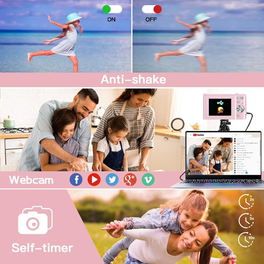 Sevenat Digital Camera Autofocus with 32G Memory Card FHD 1080P 48MP Compact Easy to Use 16X Digital Zoom Portable Cameras for Photography for Kids Teenagers Adult Beginners Student Pink