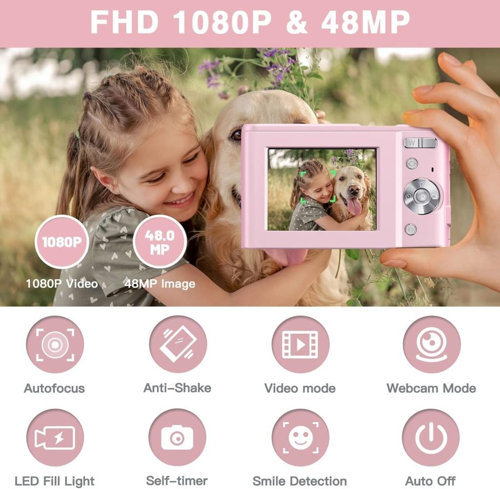 Sevenat Digital Camera Autofocus with 32G Memory Card FHD 1080P 48MP Compact Easy to Use 16X Digital Zoom Portable Cameras for Photography for Kids Teenagers Adult Beginners Student Pink