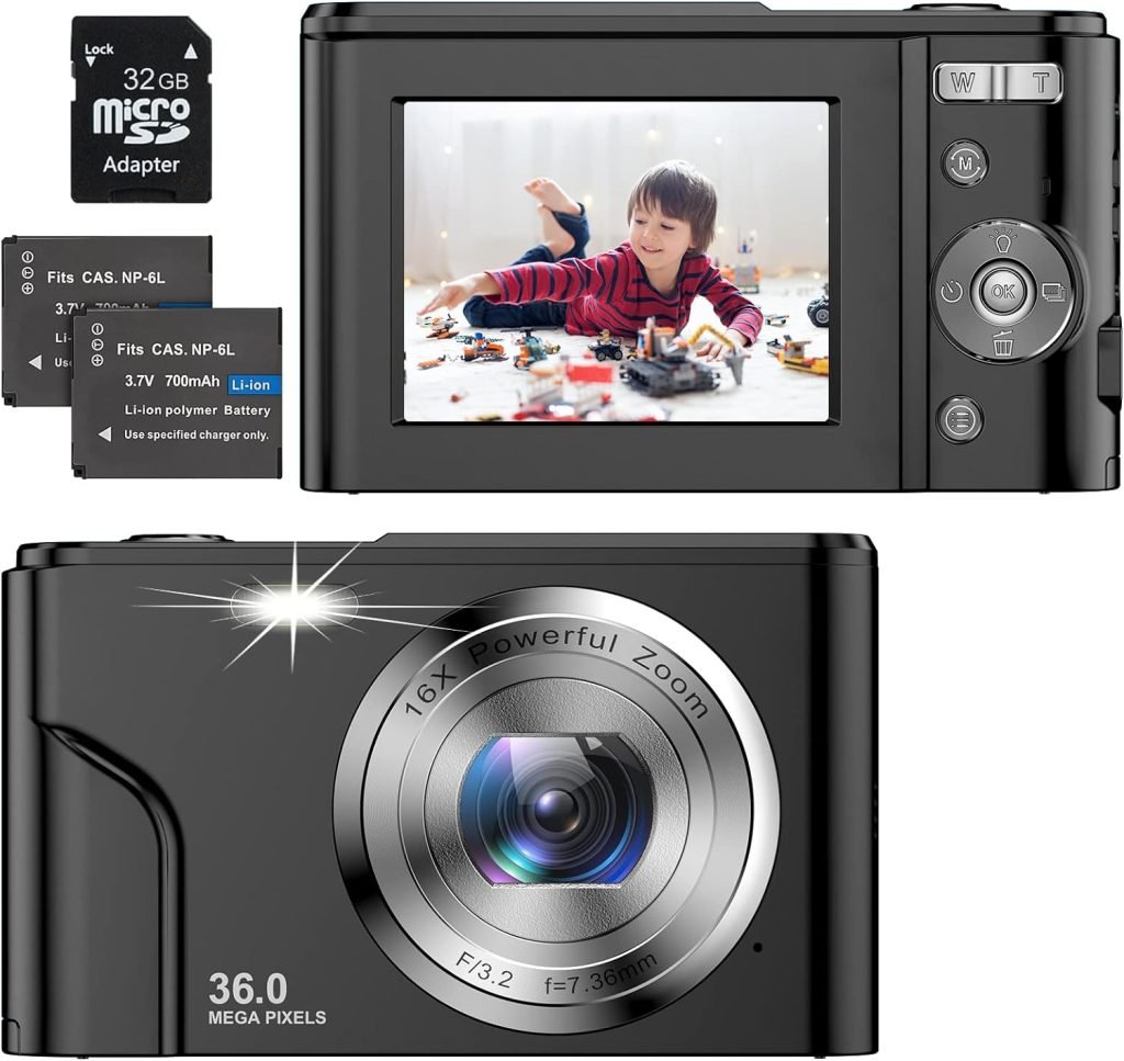 1080P Digital Cameras,2.4 Inch LCD HD Compact Camera 36 Megapixels 16x Digital Zoom,Vlogging Camera for Adult/Seniors/Kids (Black)
