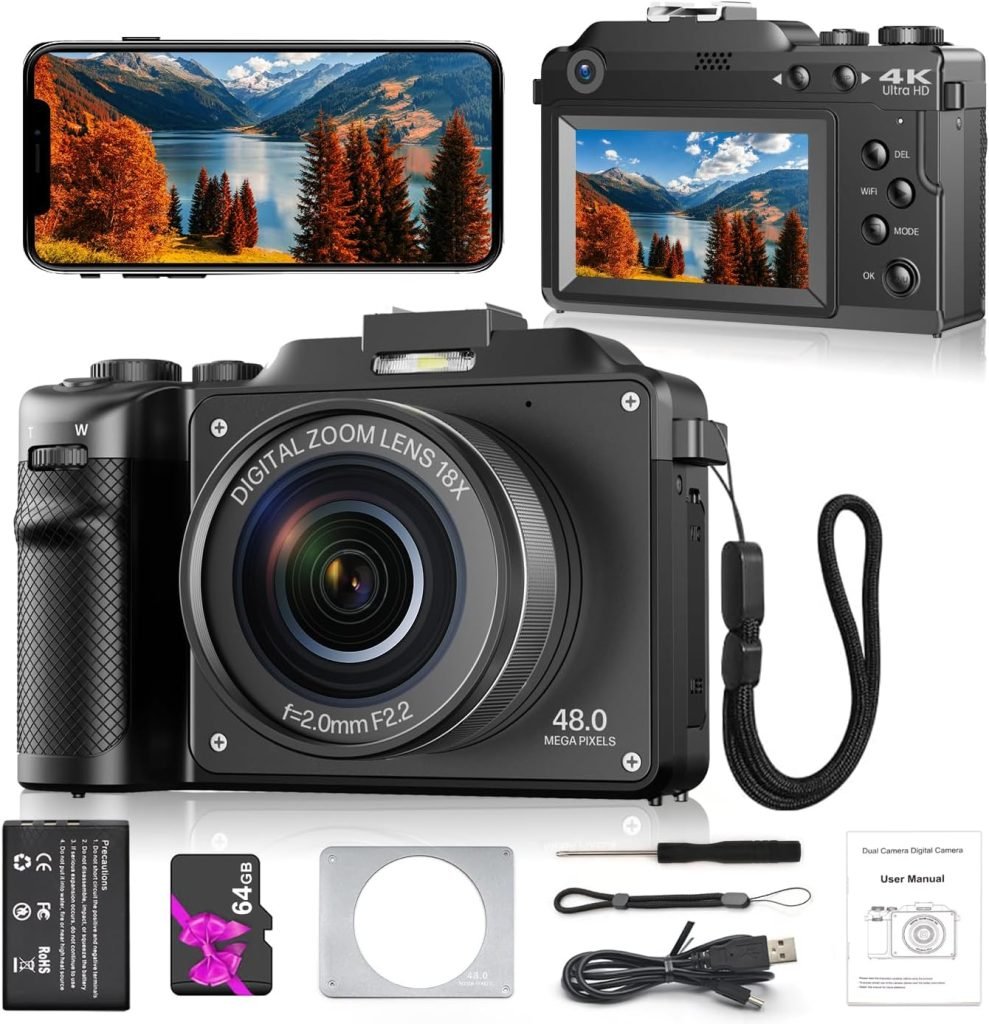 Digitai Camera 4K Compact Camera for Photography, 48MP Vlogging Camera with Wifi  Free 64GB SD Card,18X Digital Zoom,Dual-lens Selfie Function (Black)