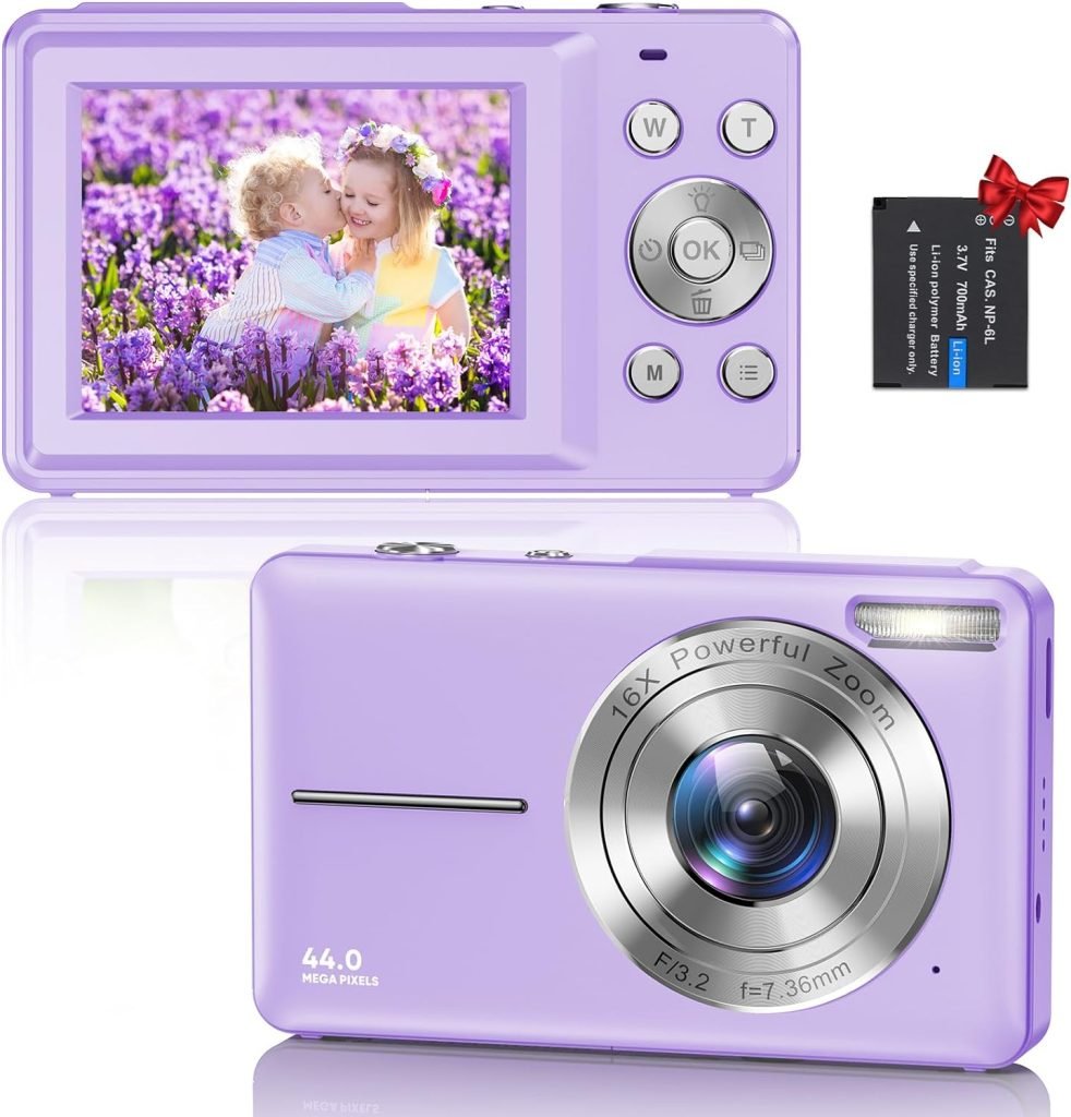 Digital Camera, 1080P HD 44MP Kids Digital Camera, 2.4 LCD Screen Rechargeable Compact Camera with 16X Digital Zoom Camera for Kids, Boys Girls, Adult,Teenagers, Students (Purple)