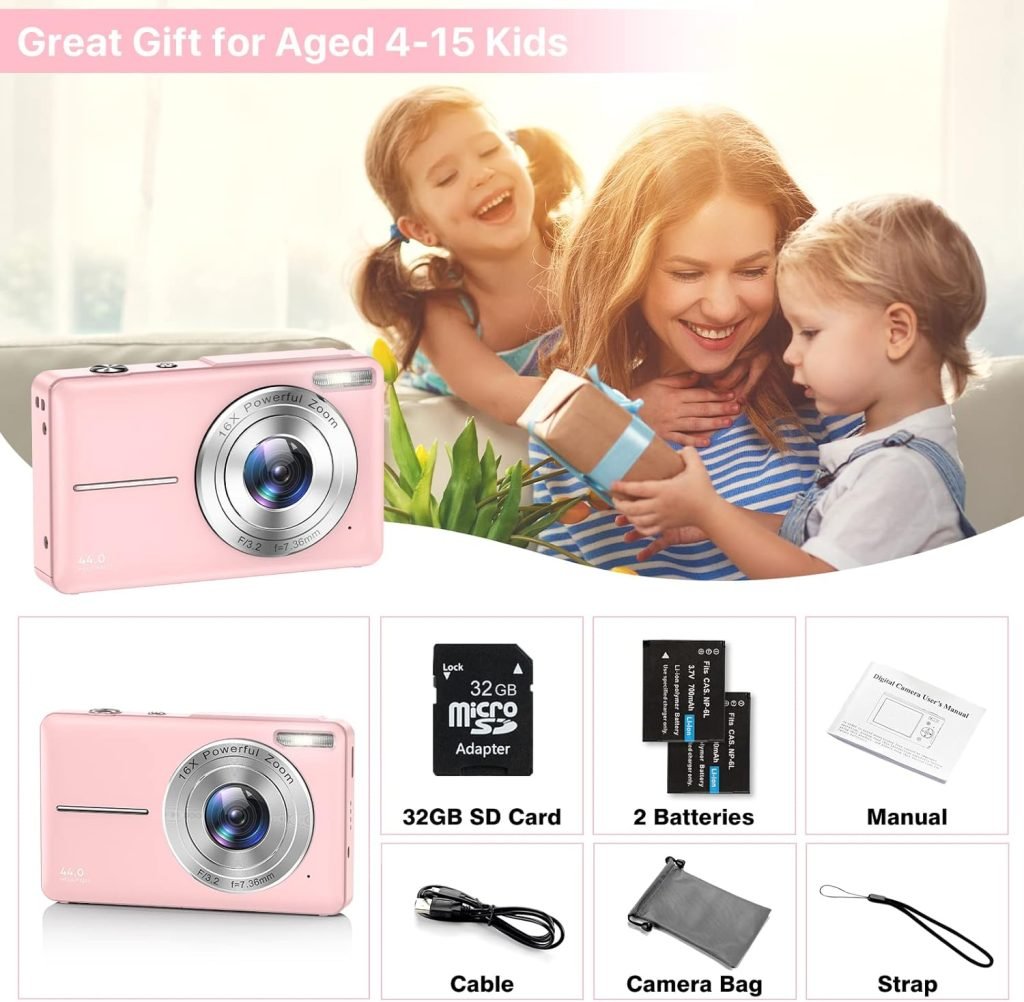 Digital Camera, 1080P HD 44MP Kids Digital Camera, 2.4 LCD Screen Rechargeable Compact Camera with 16X Digital Zoom Camera for Kids, Boys Girls, Adult,Teenagers, Students (Purple)