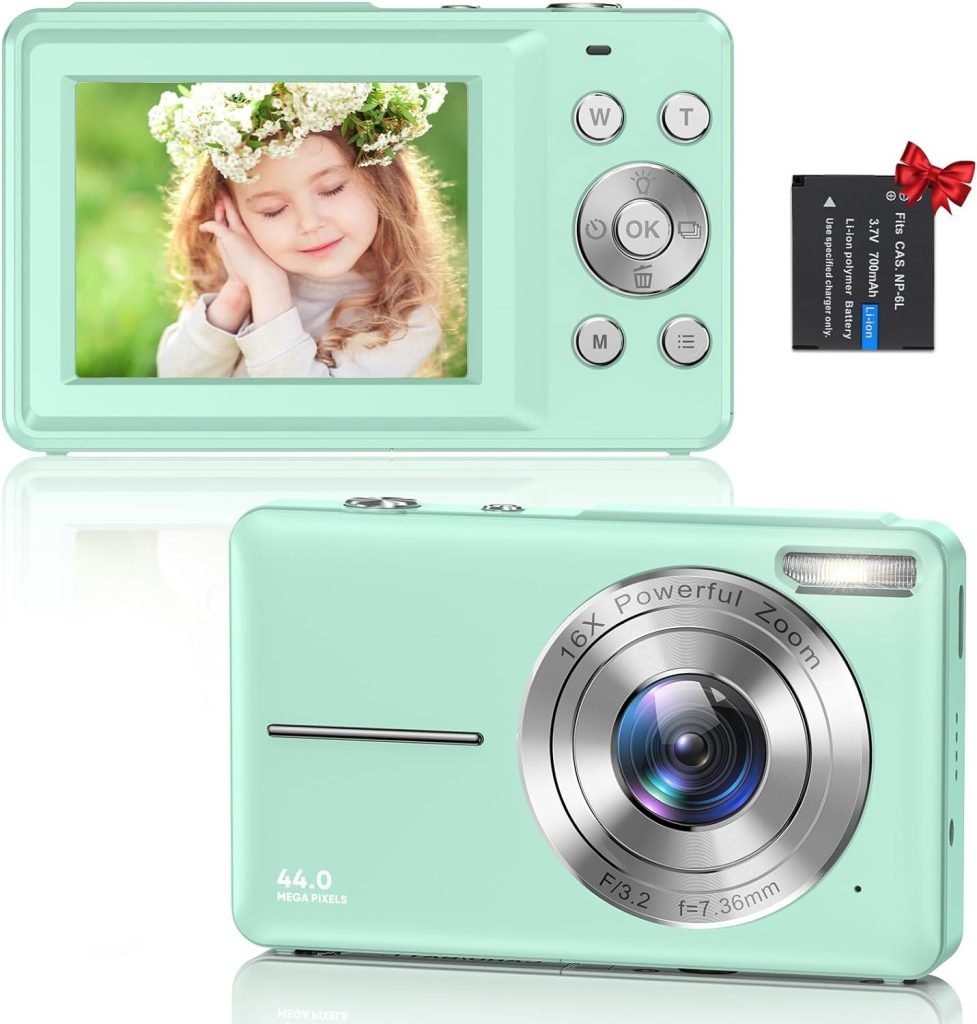 Digital Camera, 1080P HD 44MP Kids Digital Camera, 2.4 LCD Screen Rechargeable Compact Camera with 16X Digital Zoom Camera for Kids, Boys Girls, Adult,Teenagers, Students (Green)