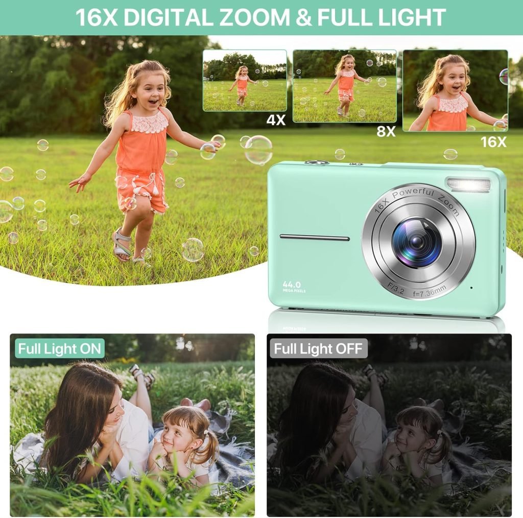 Digital Camera, 1080P HD 44MP Kids Digital Camera, 2.4 LCD Screen Rechargeable Compact Camera with 16X Digital Zoom Camera for Kids, Boys Girls, Adult,Teenagers, Students (Green)
