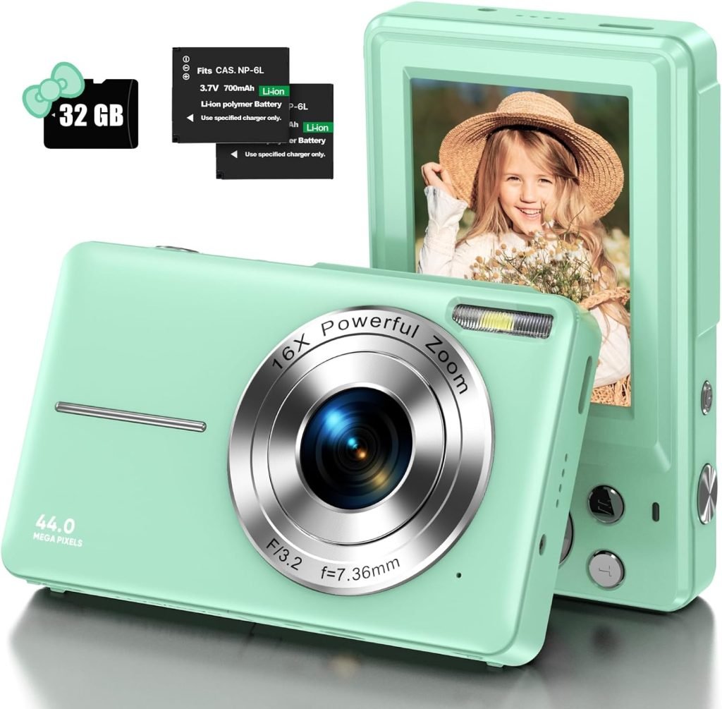 Digital Camera with 32G Micro Memory Card, 1080P Compact Camera, 44MP Photo Camera, HD Vlogging Camera, Portable Mini Camera with 2.5 LCD Screen and 2 Battery for Girls, Boys, Beginner-Green
